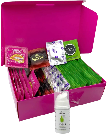 Súprava vrúbkovaných kondómov – Stimulation pack (72 ks) + SE hrejivý lubrikačný gél 15 ml + silikónové putá Handcuffs