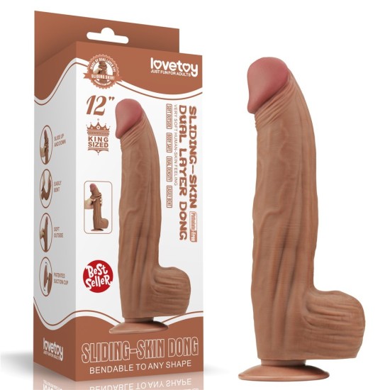 12'' King Sized Sliding Skin Dual Layer Dildo Hnedé