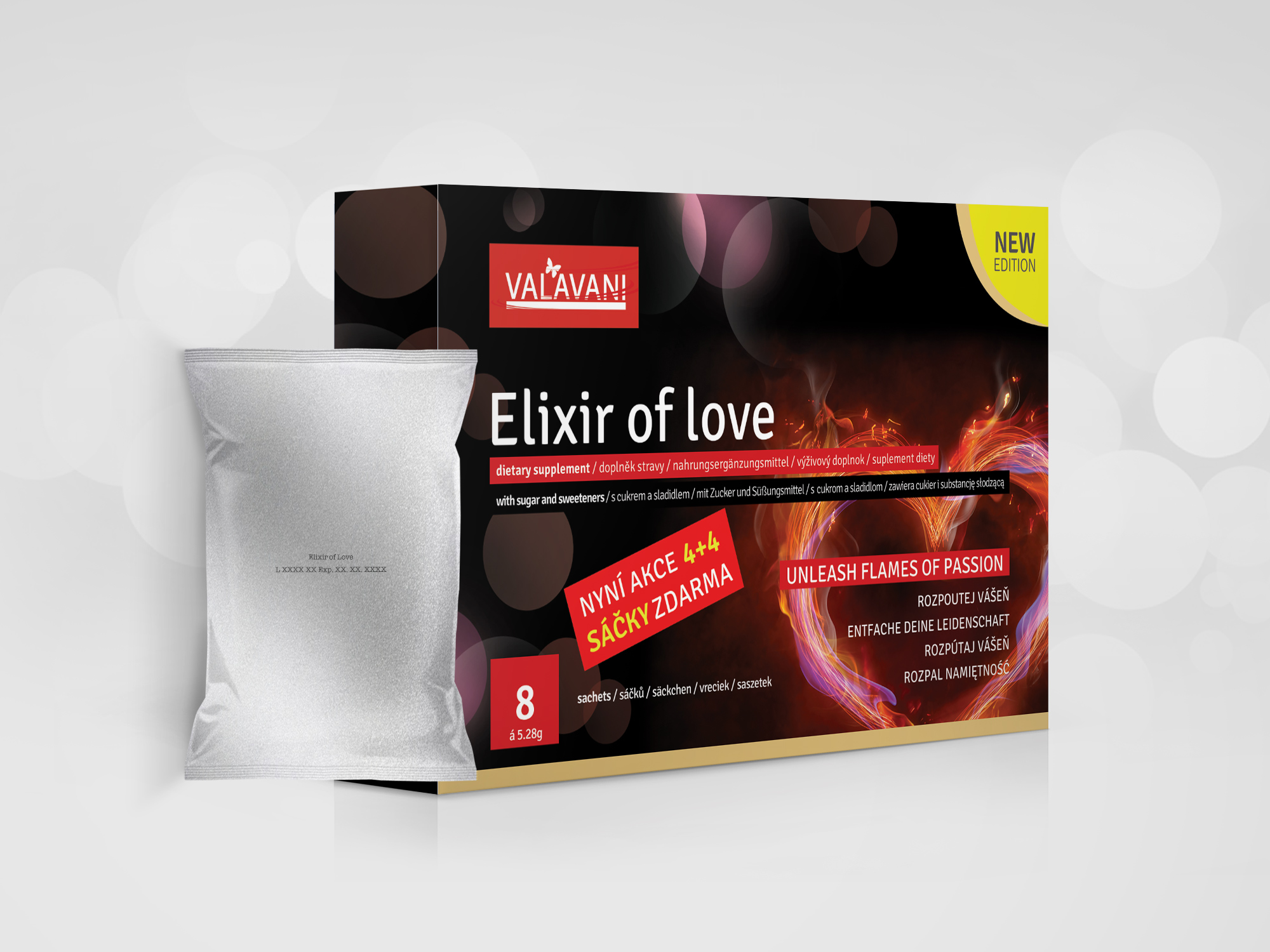 VALAVANI Elixir of love 4 sáčky (á 5.28mg) rozpustné afrodiziakum pre mužov i ženy 1 balenie 100ml: akcia 2+1 ZDARMA 12 sáčkov (á5