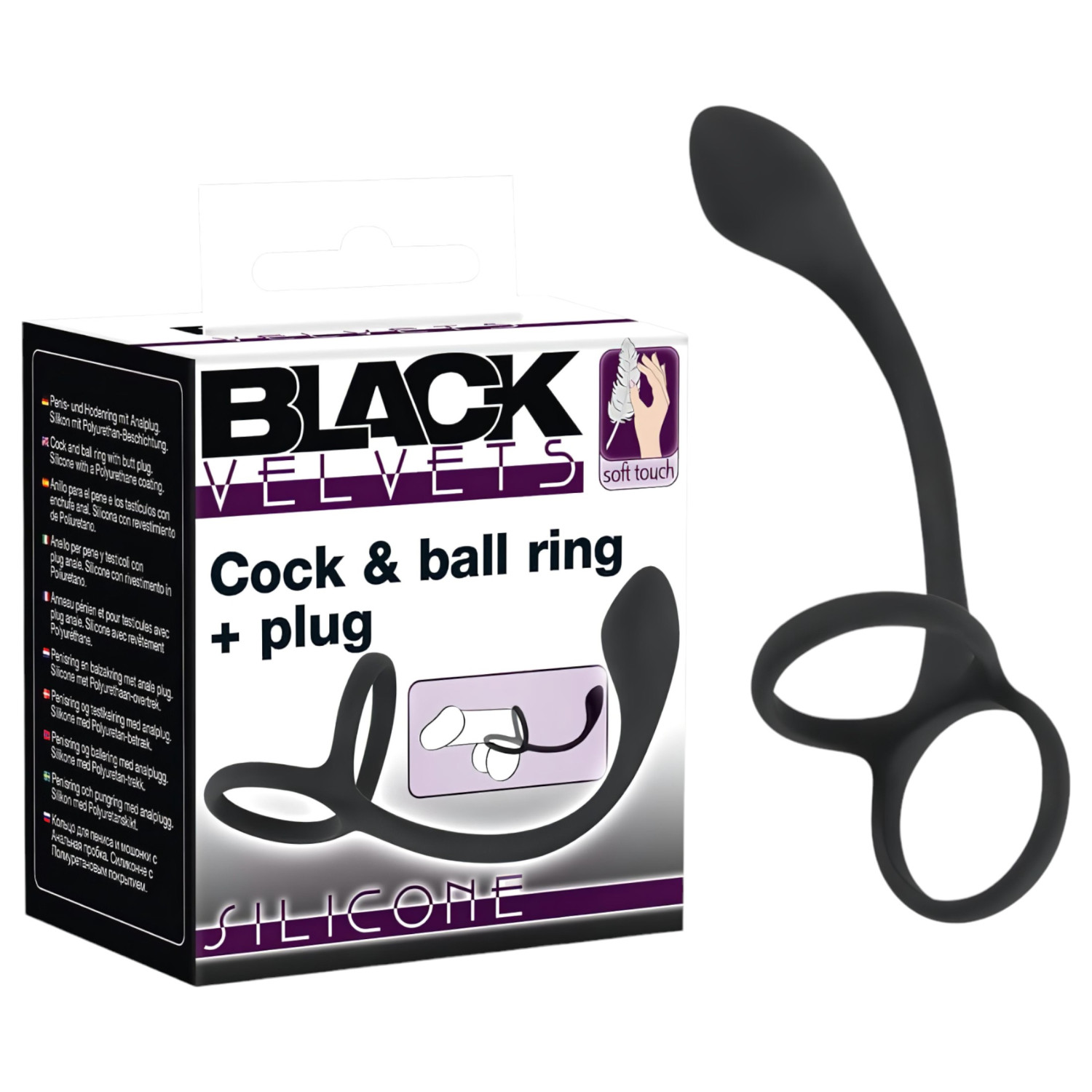 Black Velvets - tenký análny dildo s krúžkom na penis a semenníky - čierny
