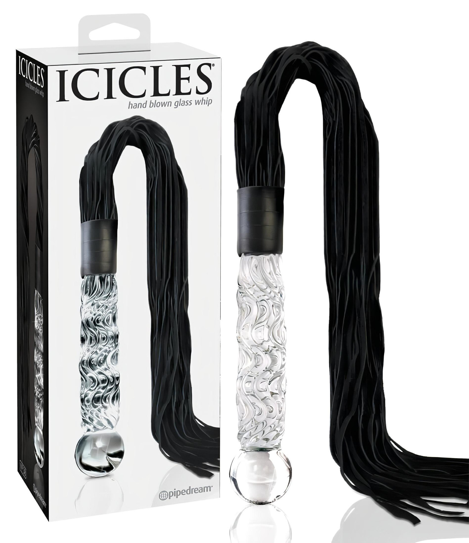 Icicles No. 38 - bič z kože a sklenené dildo - číre/čierne