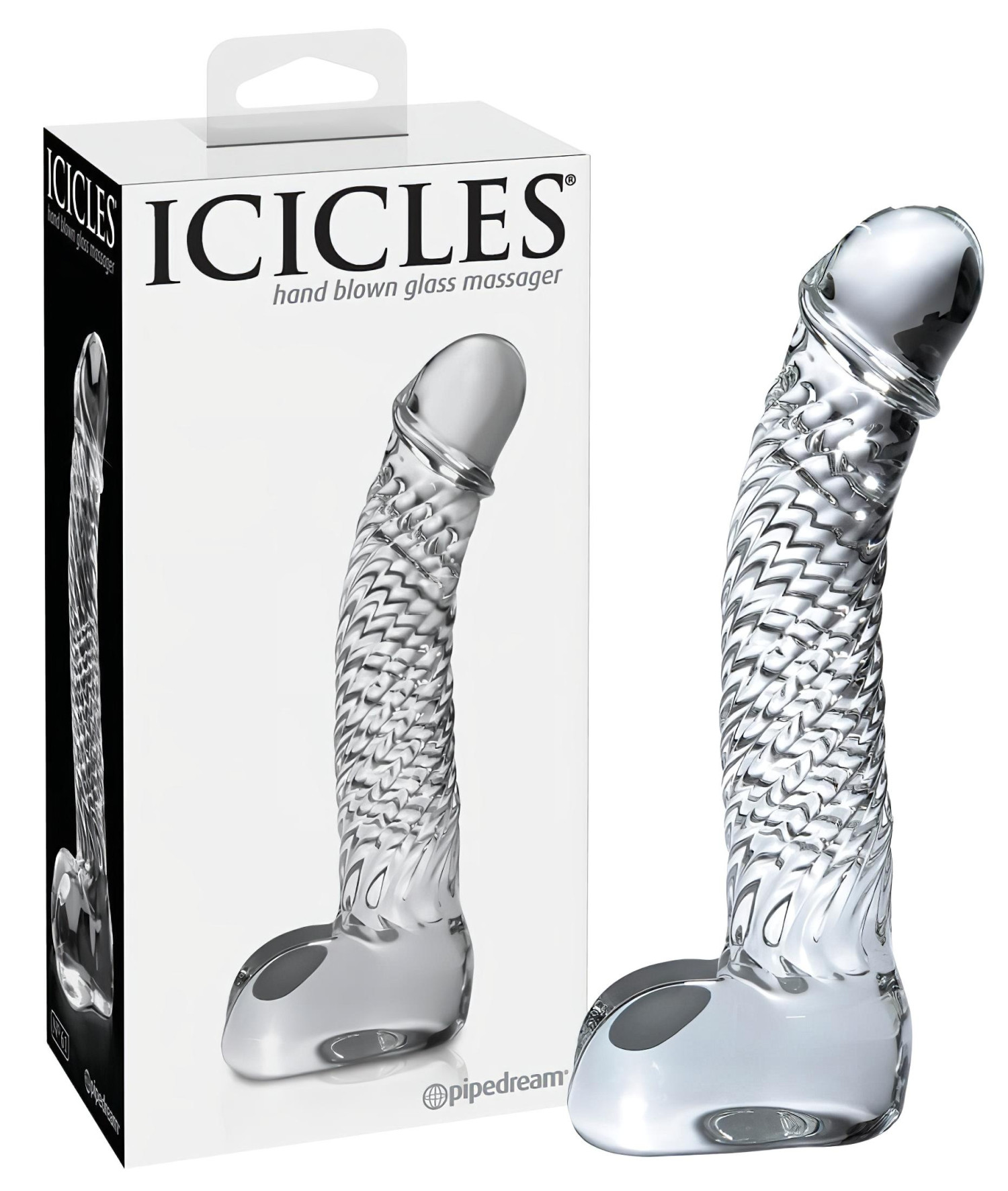 Icicles No. 61 - sklenené dildo s penisom a semenníkmi - priehľadné