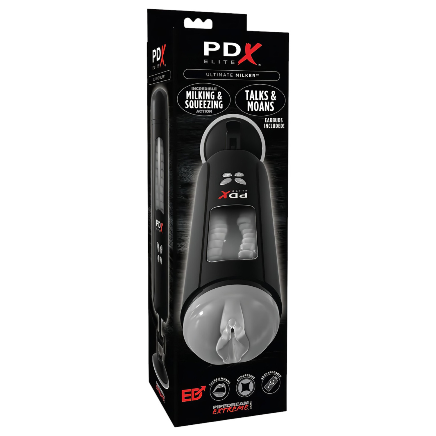 PDX Ultimate Milker - automatický masturbátor s vibráciami a saním - čierny