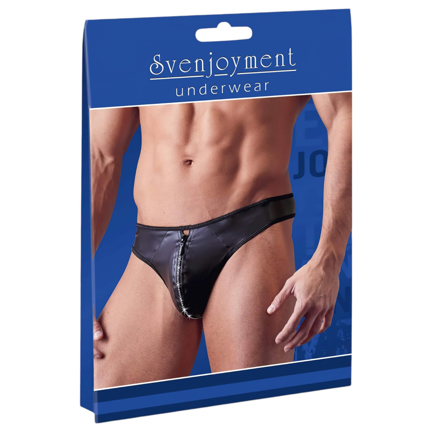 Svenjoyment - lesklé mužské tangá so zipsom a kamienkami (čierne)