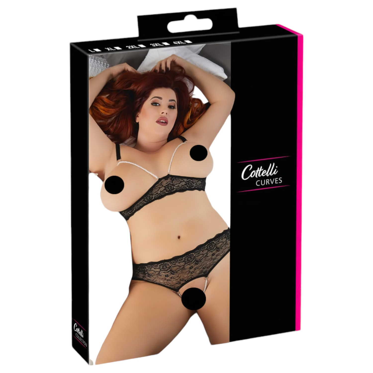 Cottelli Plus Size - podprsenka a nohavičky s perlami - čierne