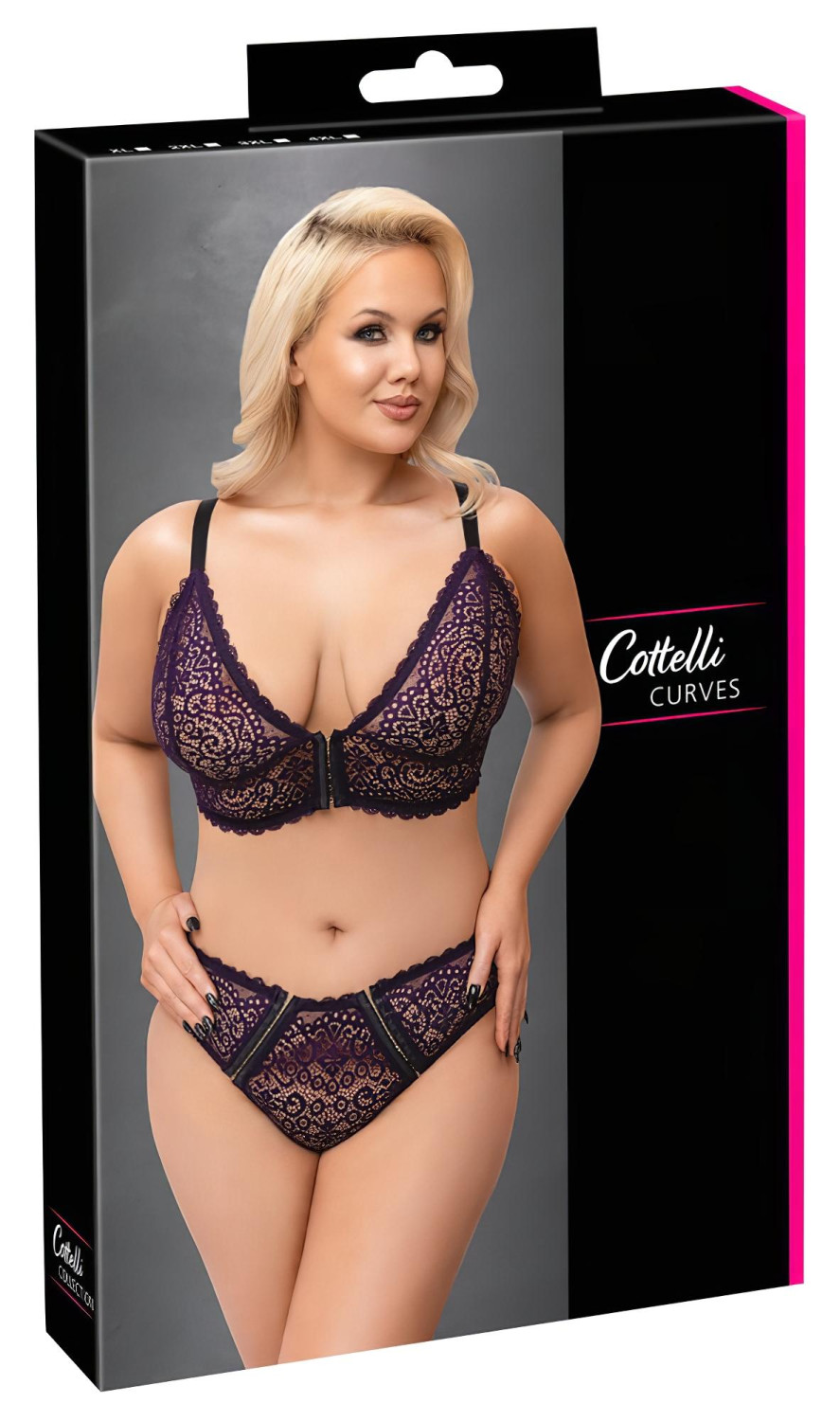 Cottelli Plus Size - priesvitný vzorovaný podprsenkový set (fialový)