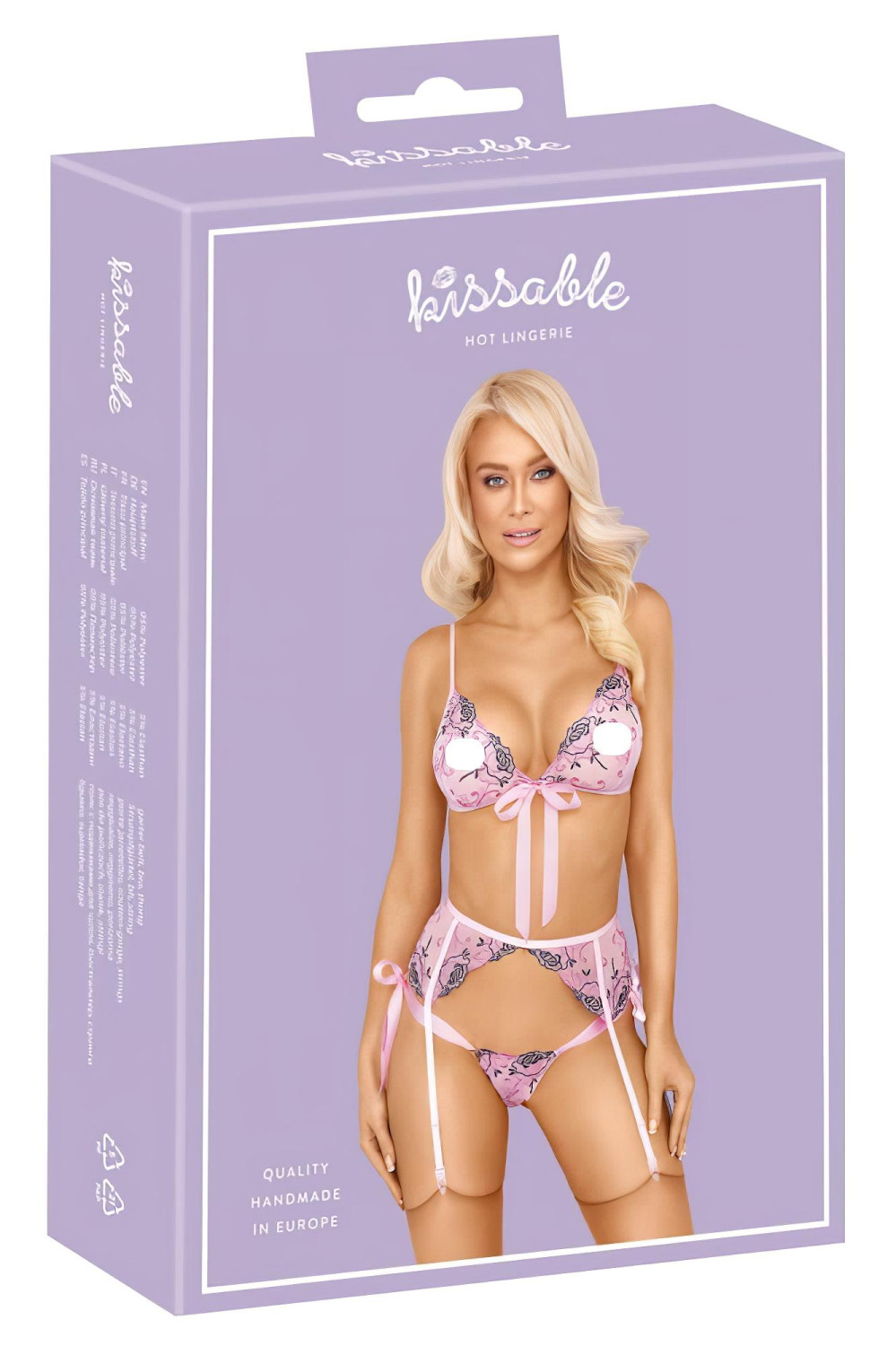 Kissable - erotická súprava bielizne s ružovou výšivkou - ružová