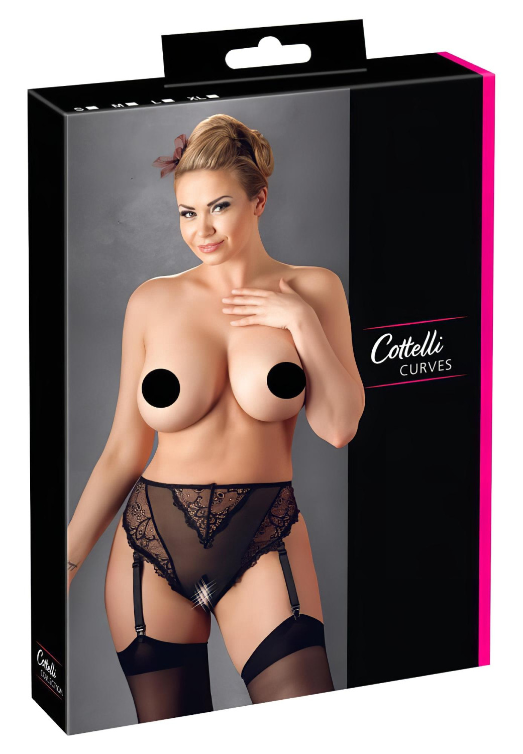 Cottelli Plus Size - čipkované nohavičky s podväzkami (čierne) - XXXXL