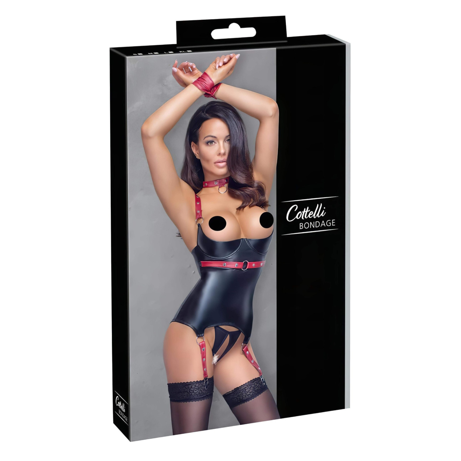 Cottelli Bondage - lakovaný top s otvorom na prsia a obojkom - čierny - L