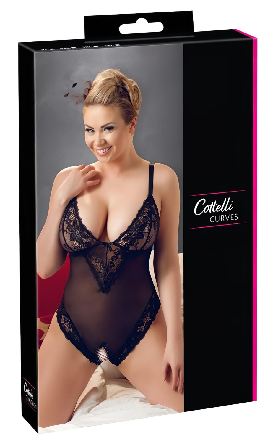 Cottelli Plus Size - čipkované body - čierne - XXXL