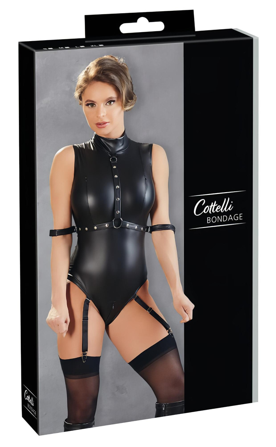 Cottelli Bondage - lesklé bezrukávové body a putá na ruky (čierna) - XL