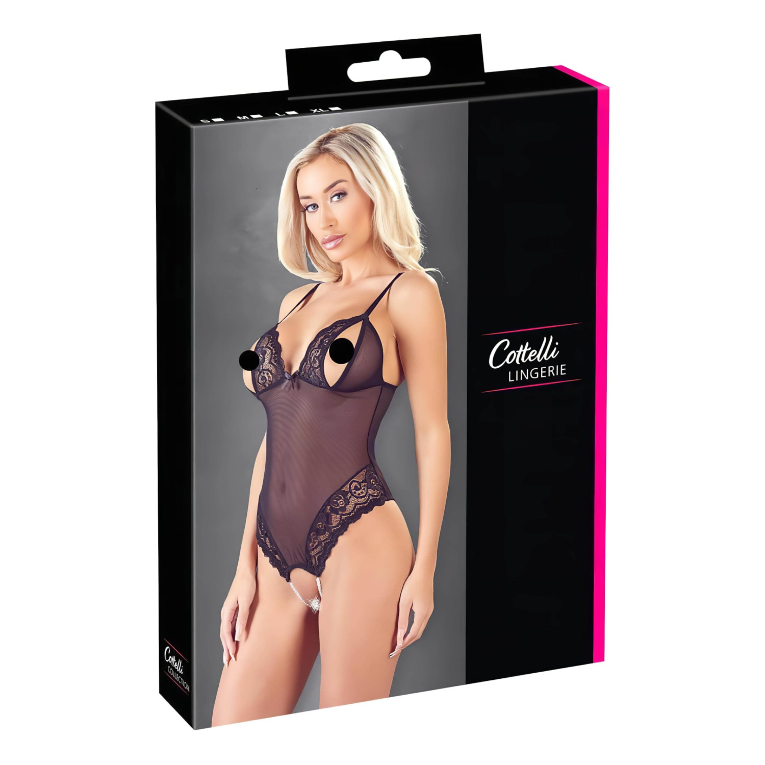 Cottelli - otvorené body s čipkou a perličkami - čierne - L