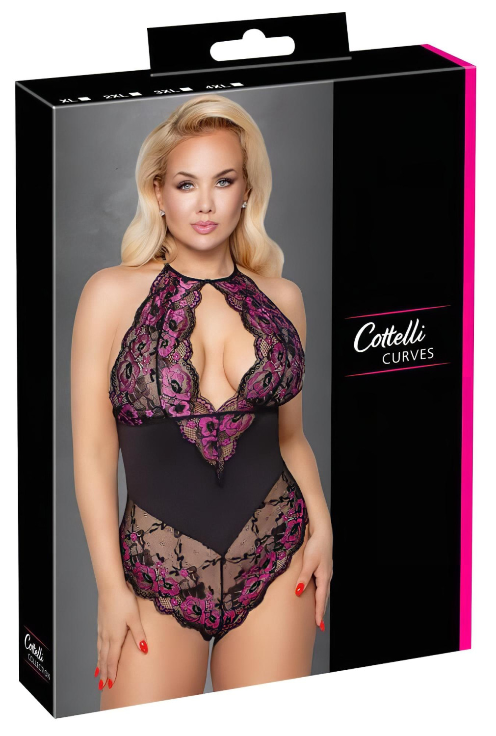 Cottelli Plus Size - body s kvetinovým vzorom - čierna/fialová