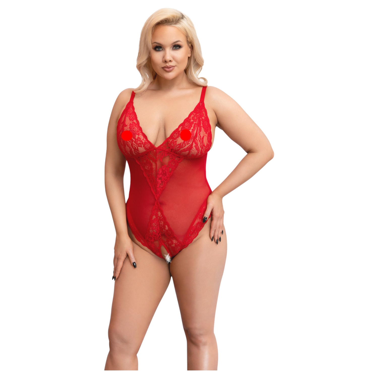 Cottelli Curves - čipkované body - priehľadné - červené - 3XL