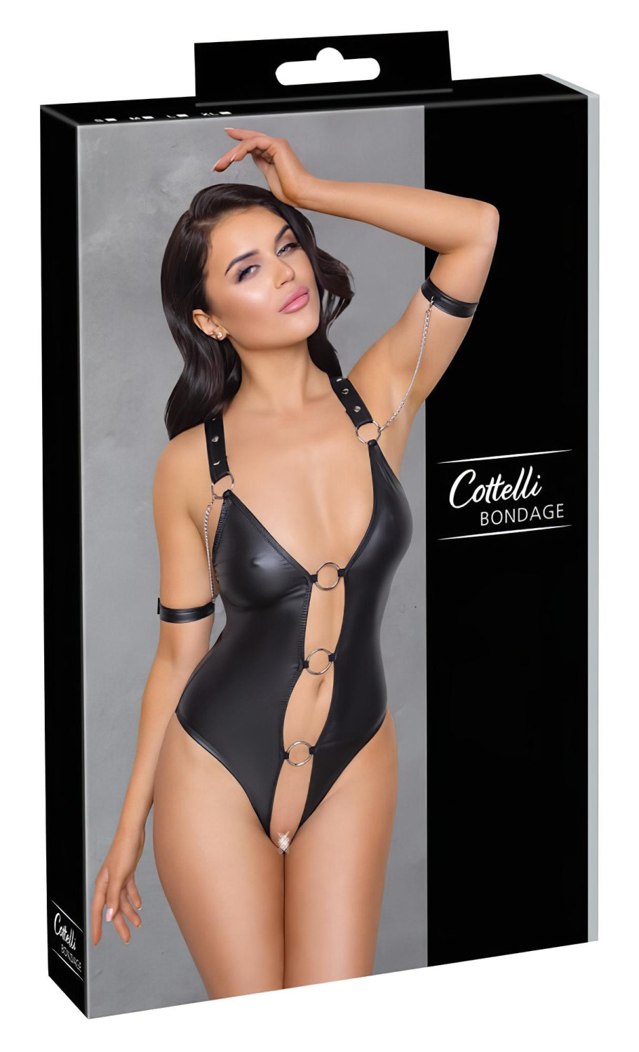 Cottelli Bondage - otvorený lesklý body s krúžkami - čierny