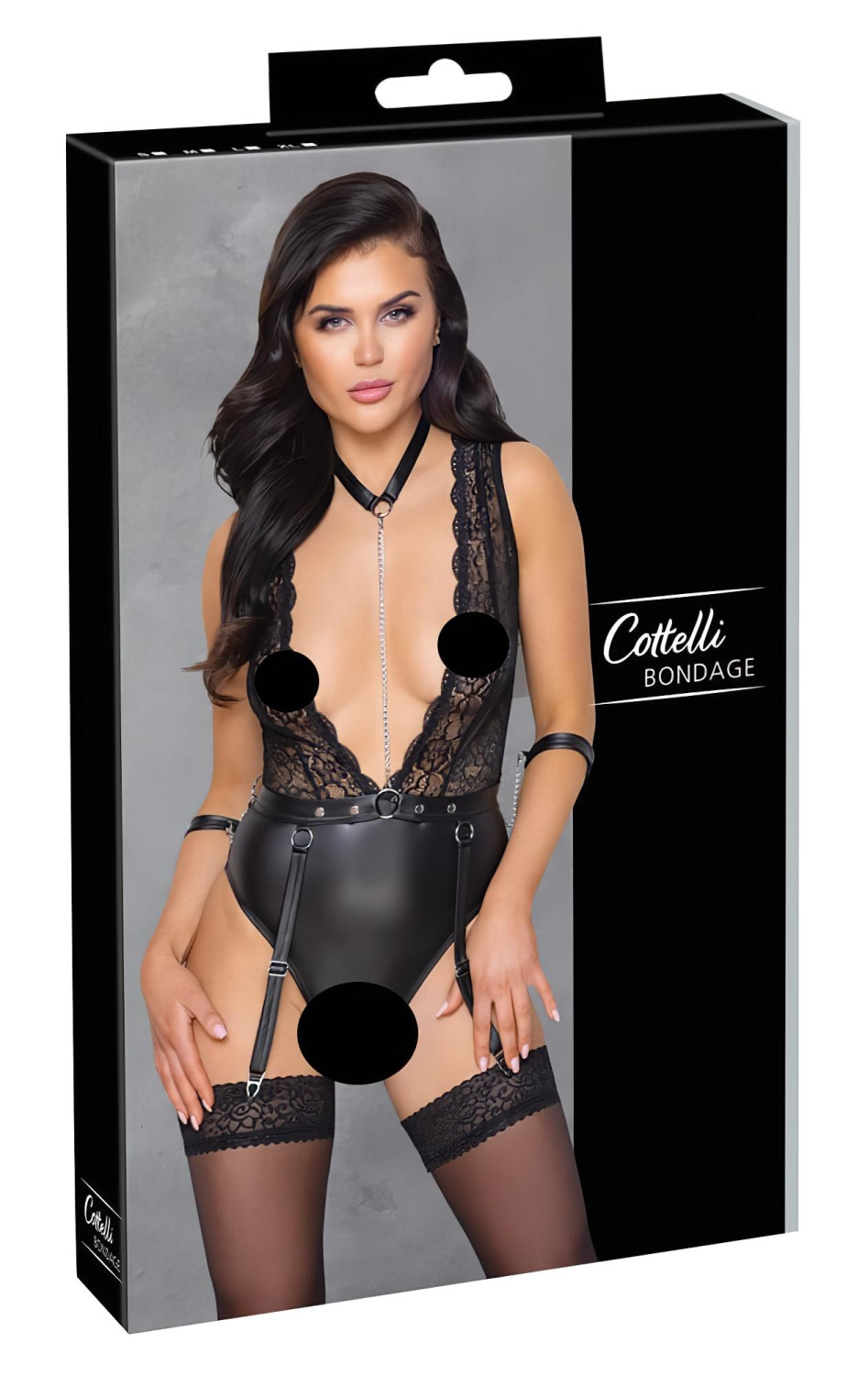 Cottelli Bondage - body s čipkou a obojkom - čierne