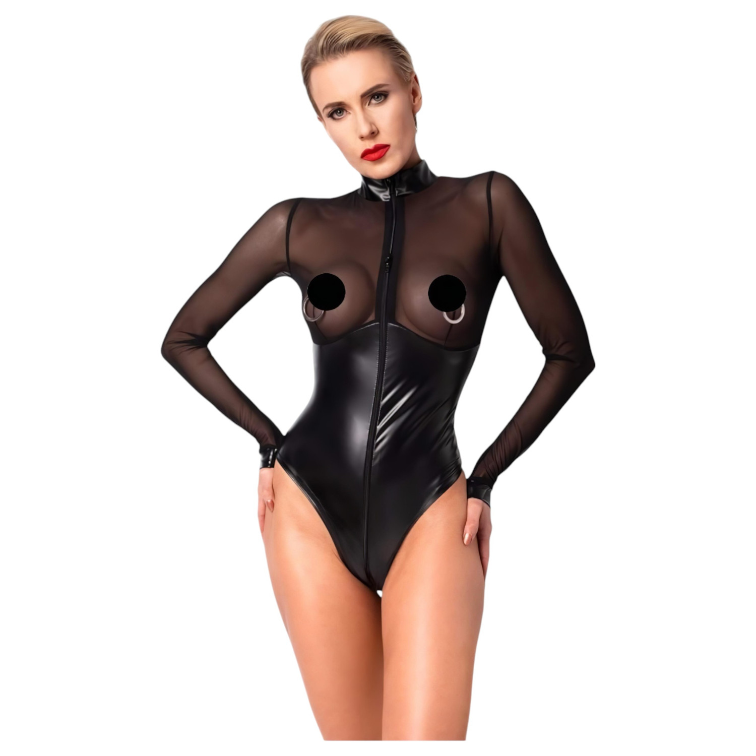 Noir - lesklé body s priesvitnou vložkou - čierne - M