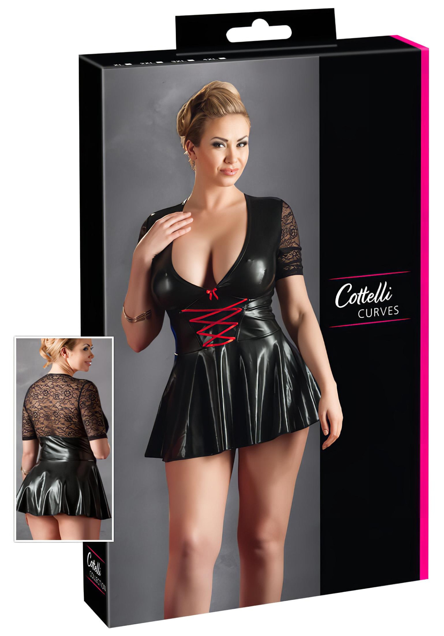 Cottelli Plus Size - lesklé šaty s červeným korzetom (čierne)
