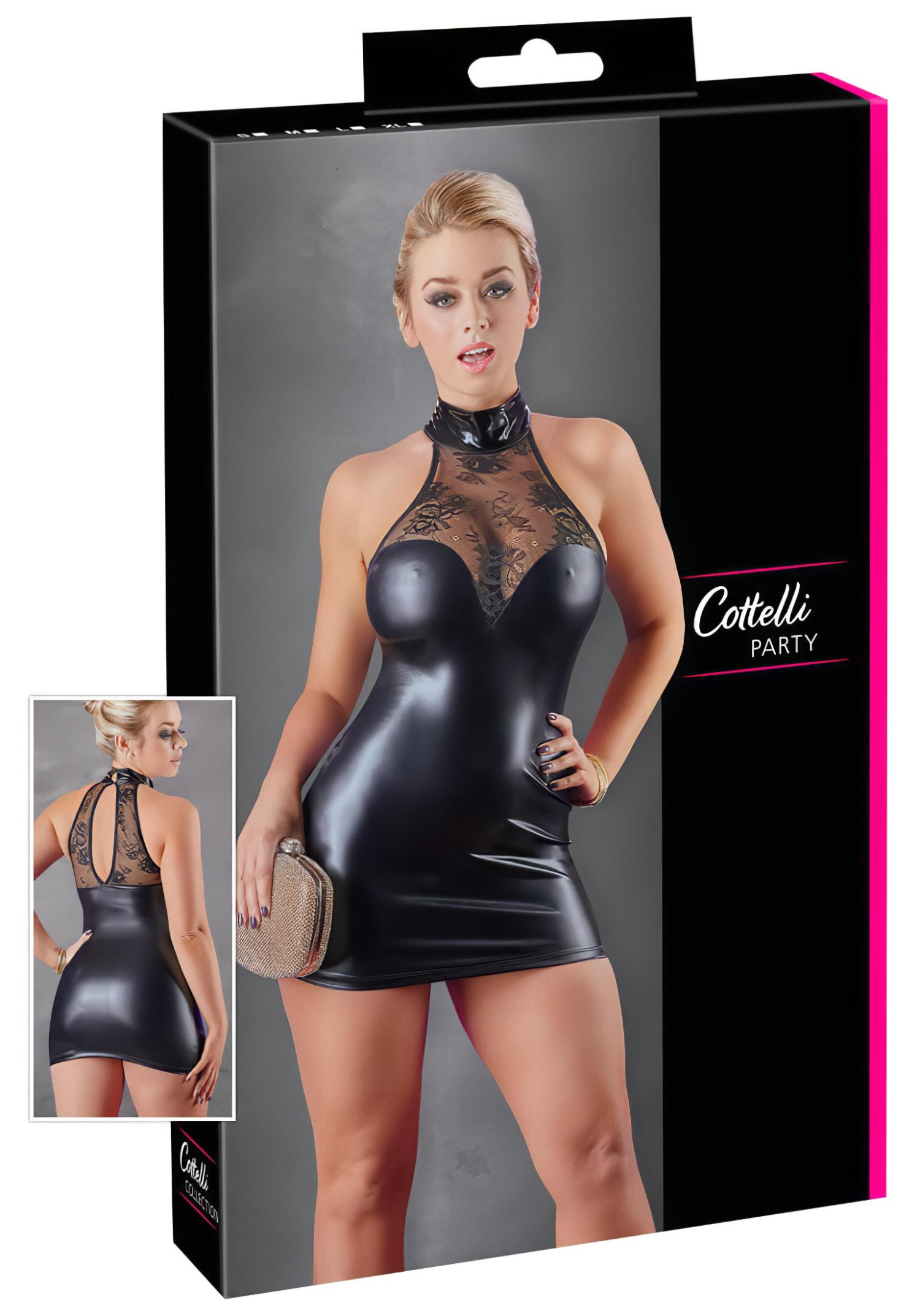 Cottelli - lesklé čipkované šaty s golierom (čierne)