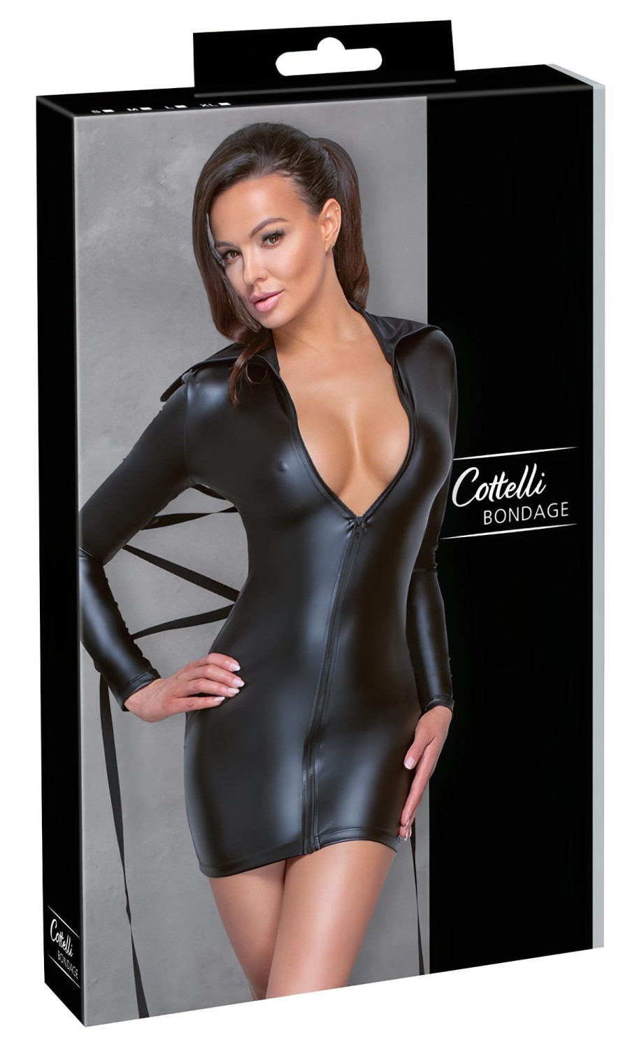 Cottelli Bondage - lakované šaty s putami - čierne - L