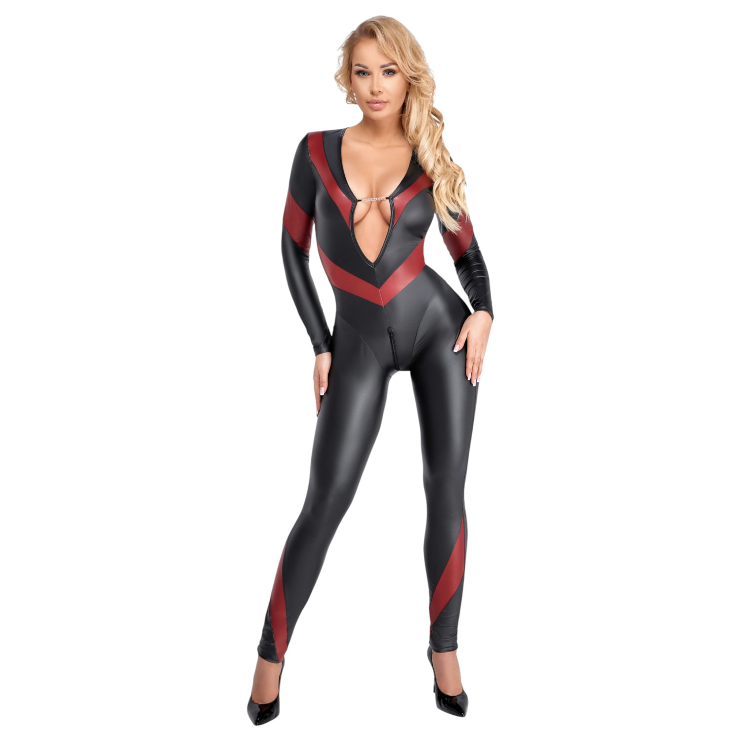 Cottelli - catsuit s efektom kože - zips - čierny - L