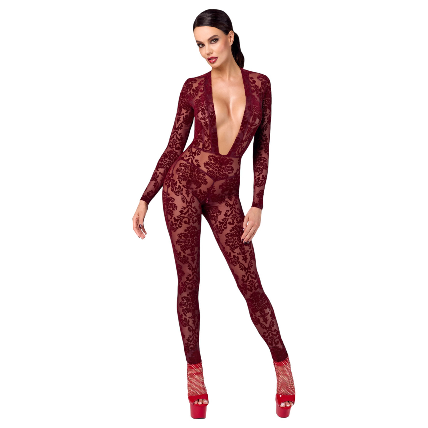 Noir Kink Royal - transparentný catsuit - červená - L