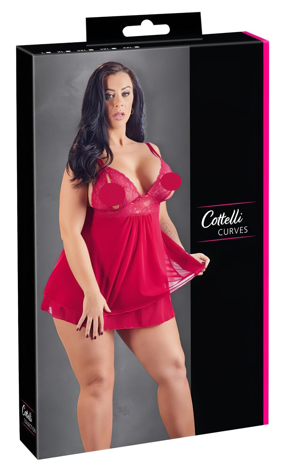 Cottelli Plus Size - erotická babydoll košieľka - čipkovaná - červená - 2XL