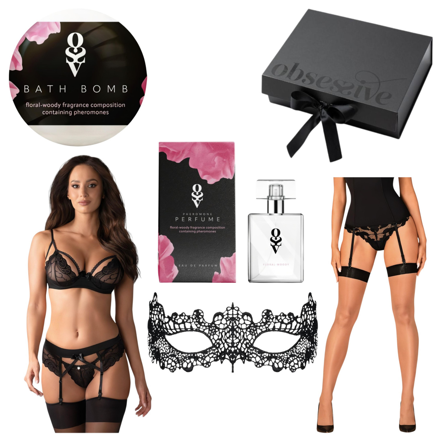 Obsessive Wonderia - darčeková bielizňová sada - 6-dielna (čierna) - L/XL