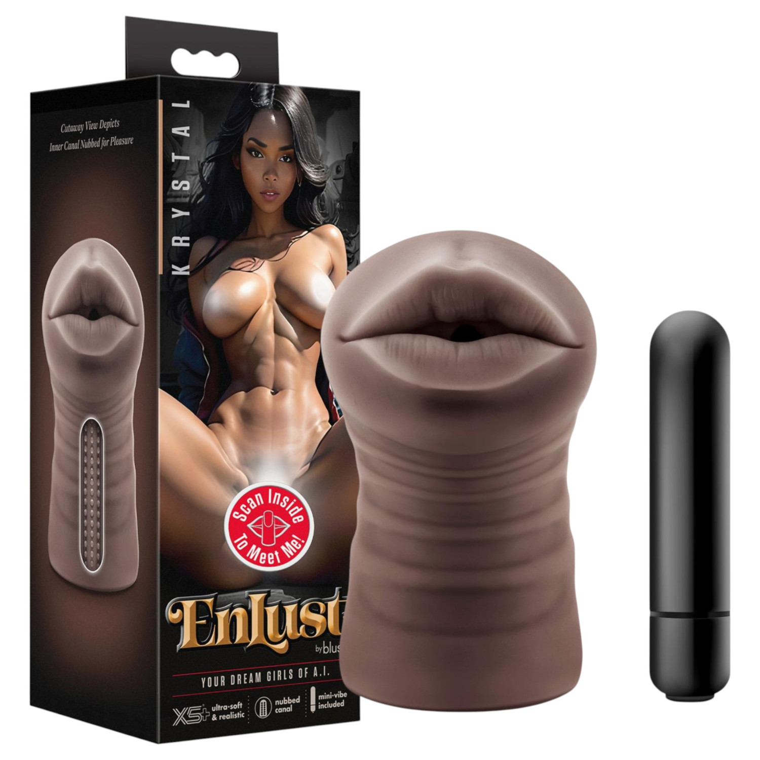 Enlust Krystal - vibračná umelá ústa - realistické vyhotovenie - hnedá