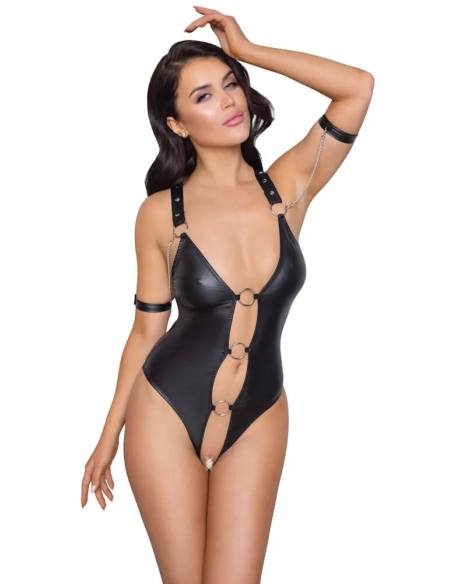 Cottelli Bondage - otvorený lesklý body s krúžkami - čierny