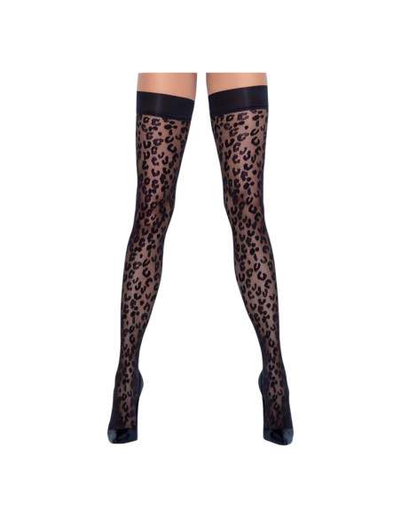 Cottelli Legwear - samodržiace pančuchy - leopard vzor - čierne