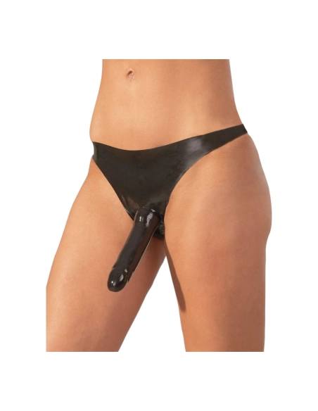 LATEX - latexové nohavičky s vonkajším dildom - čierne (S-L)