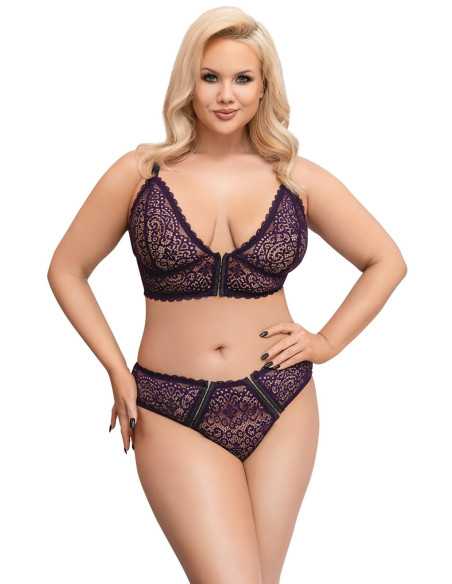 Cottelli Plus Size - priesvitný vzorovaný podprsenkový set (fialový)
