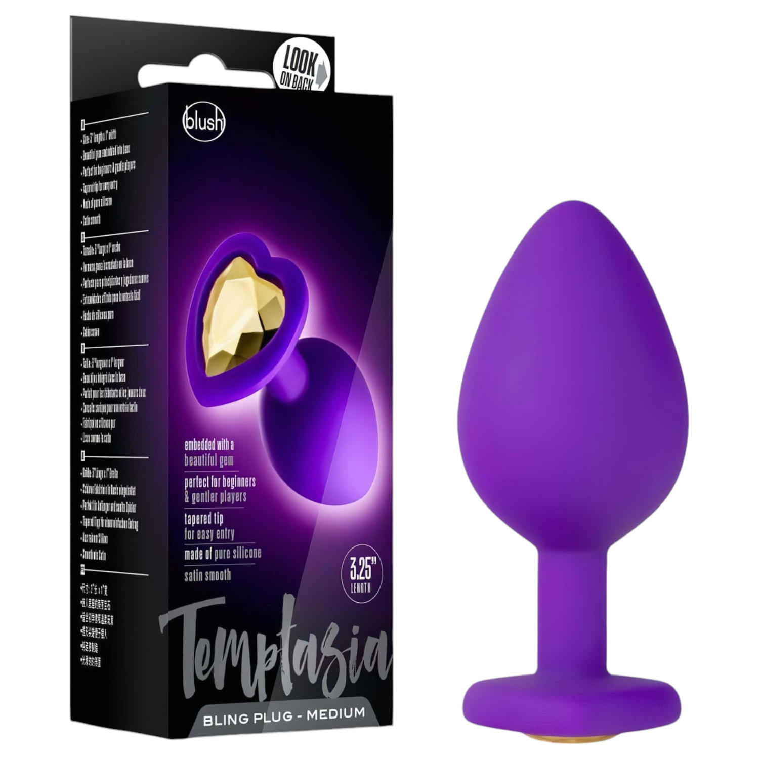 Temptasia M - análny dildo srdce so zlatým kameňom - fialový - stredný