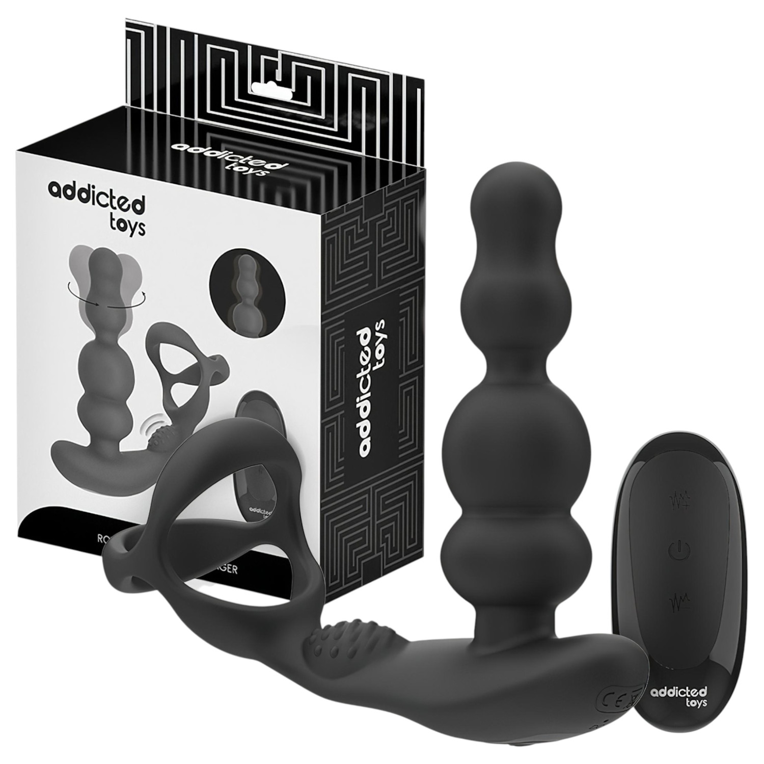 Addicted Toys - análny vibrátor s rotačnou hlavou a erekčným krúžkom - čierny