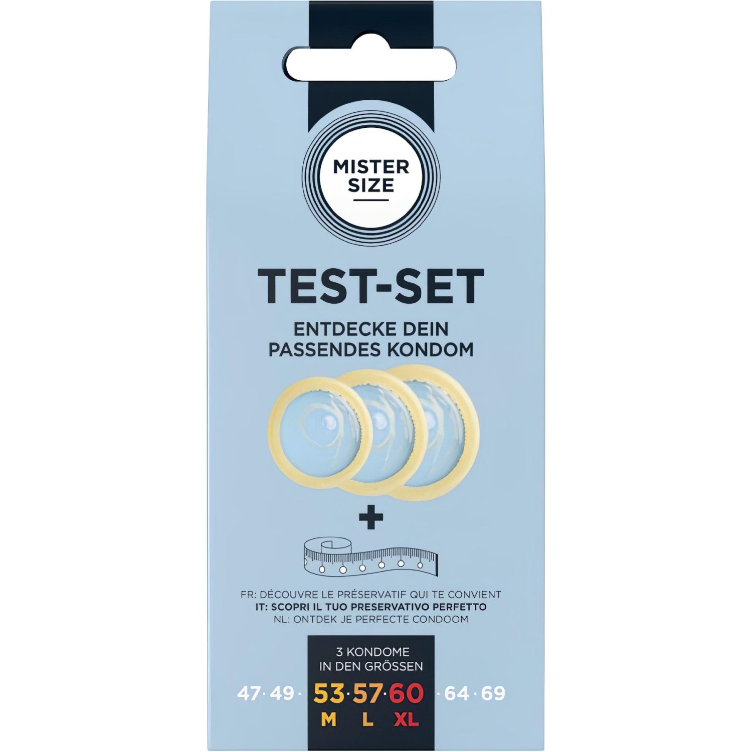 Mister Size Test-Set - skúšobný balíček kondómov s meracím pásikom (3 ks)
