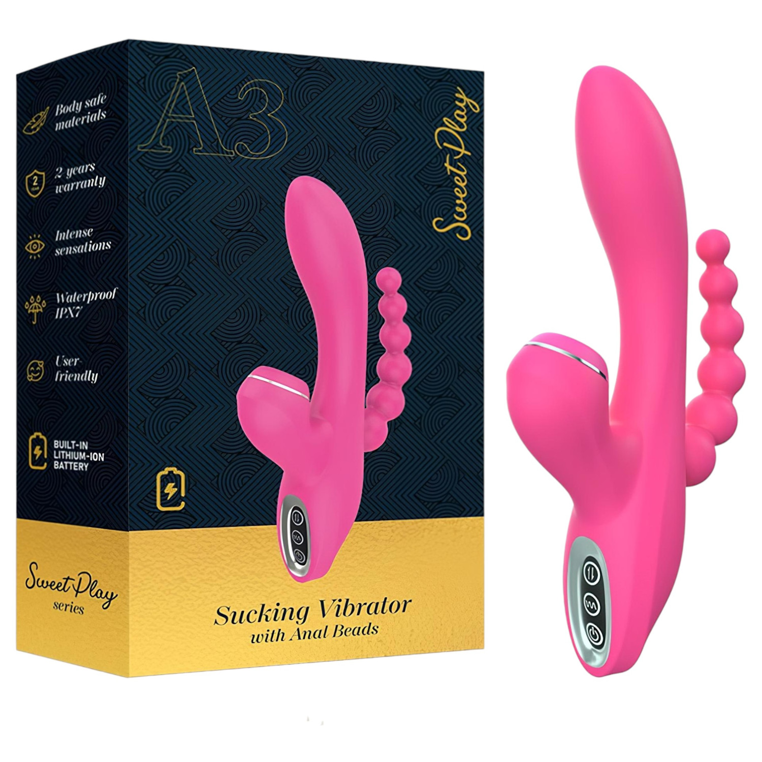Erospace Sweet Play - vibrátor na bod G s análnou sondou a saním (ružový)